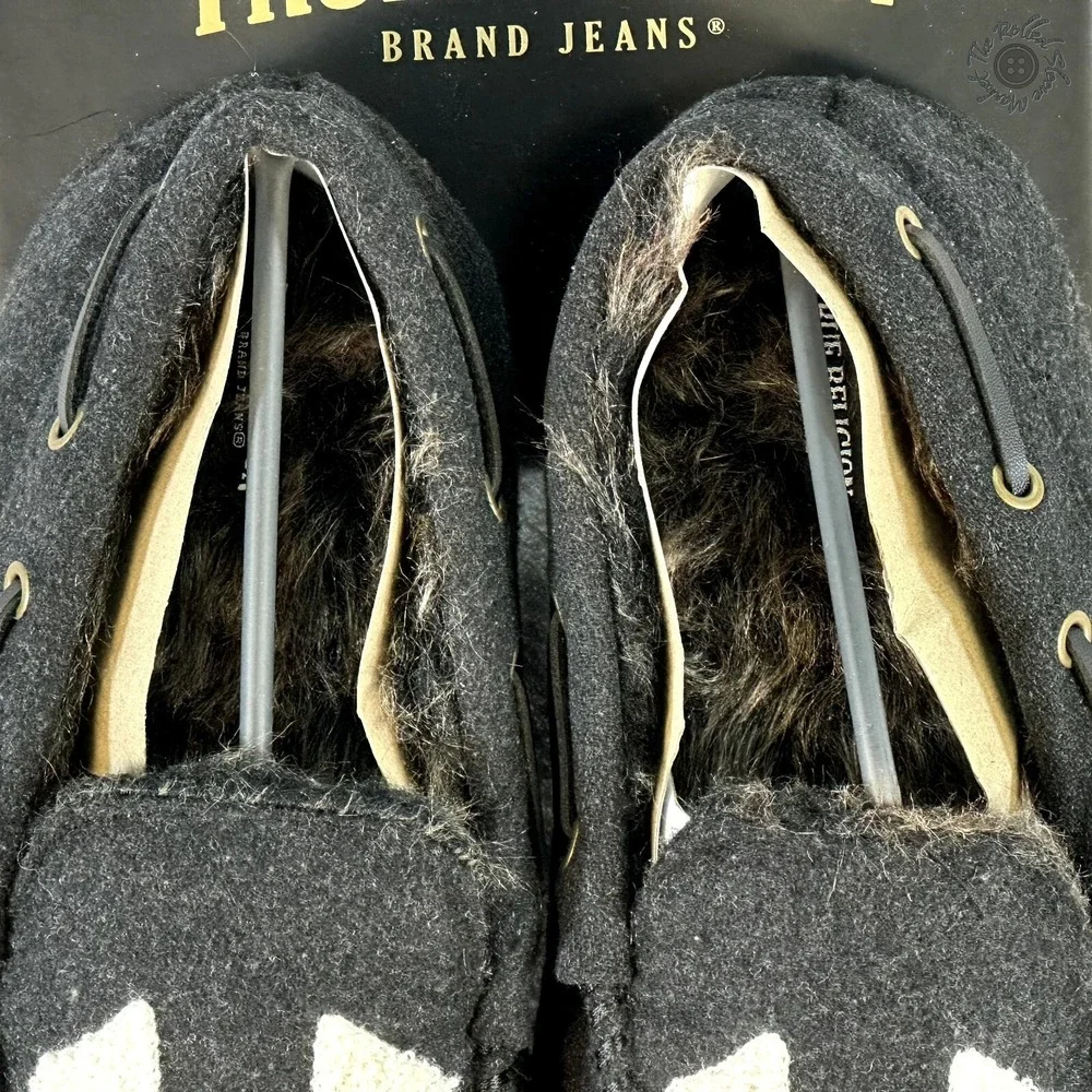 NWT True Religion Slippers House Shoes Black & White Brown Lining Mens Small 7-8